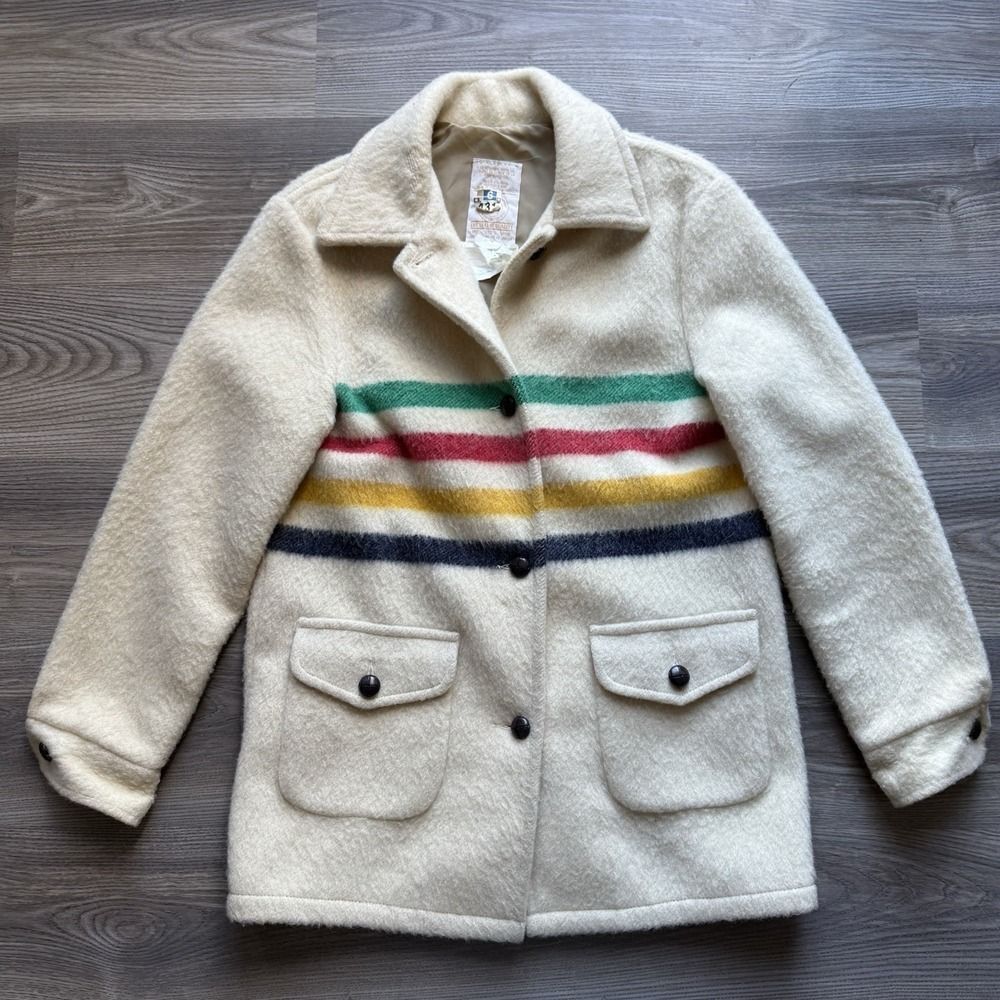 VTG Hudson's Bay Wool Point Blanket Jacket Coat Stripes Womens‎ Size 12